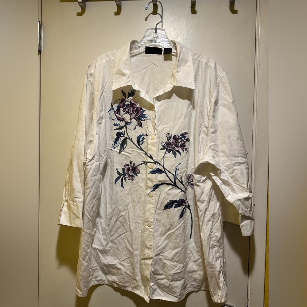 Style & Co Floral Print White Button-Up Shirt, 24W, Plus Size